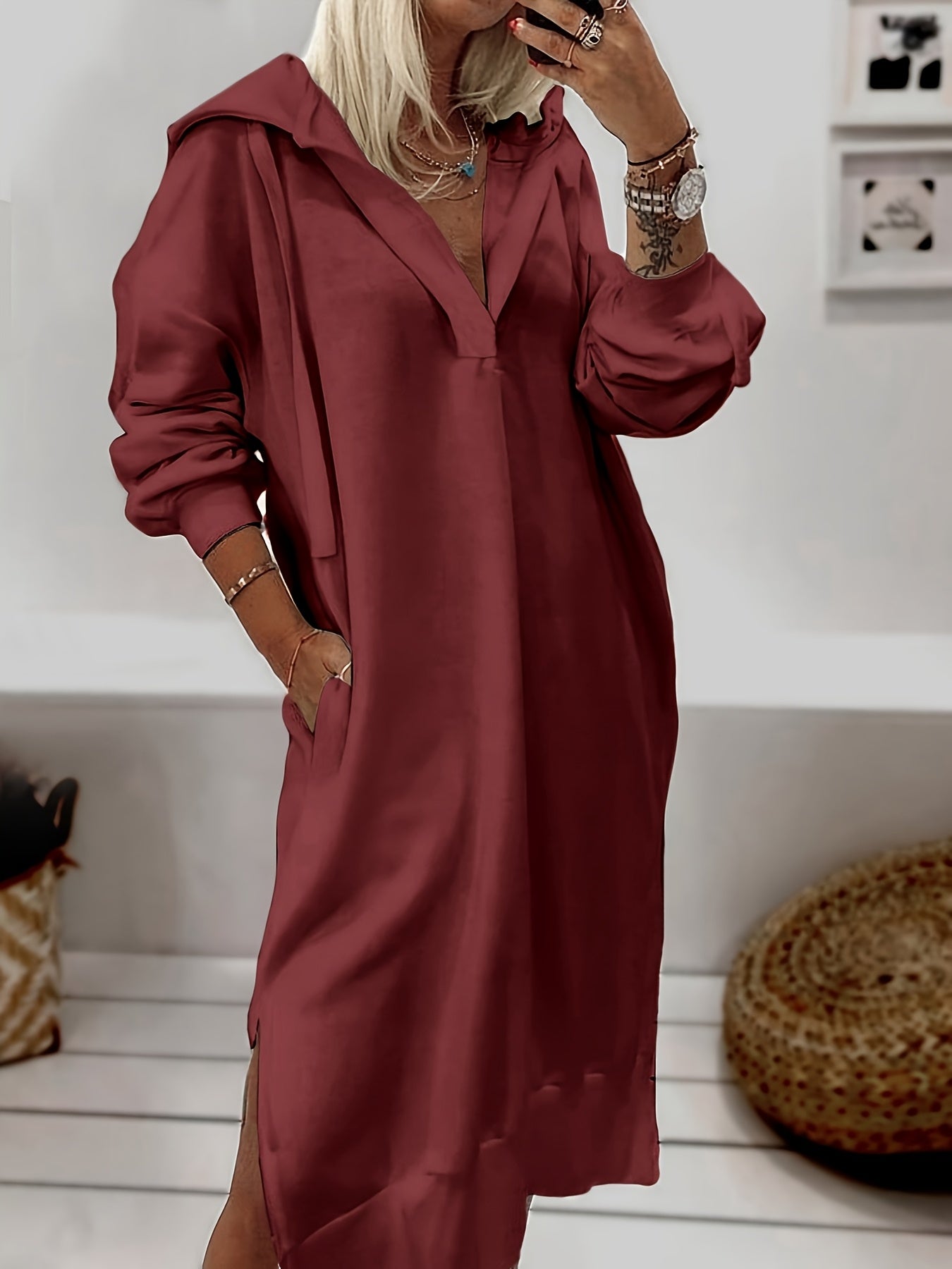Stylish Long Sleeve Plunge Neck Hooded Dress - Soft Solid Color, Split Hem, Casual Chic, Perfect for Fall & Winter, Womens Clothing
